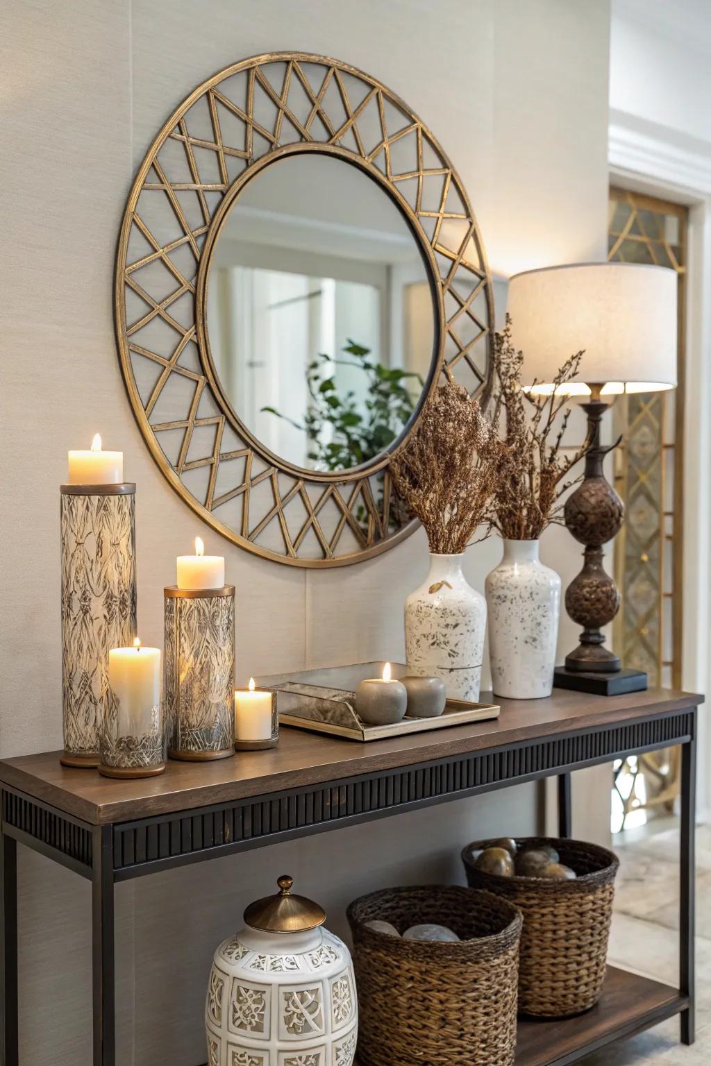 Mirrors positioned above console tables emphasize decorations and incorporate sophistication.