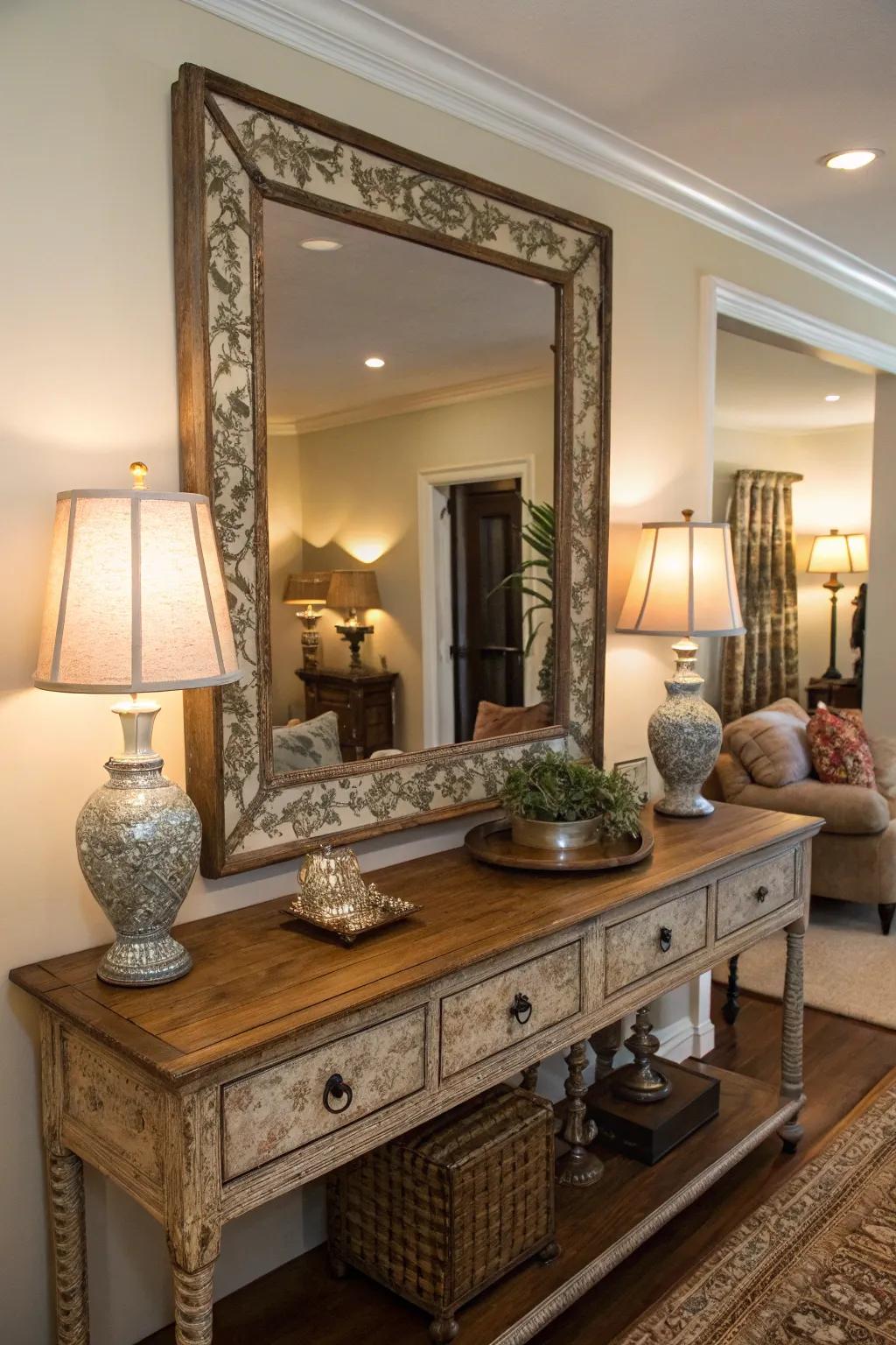 Antique mirrors introduce historical context and persona to aesthetic arrangements.