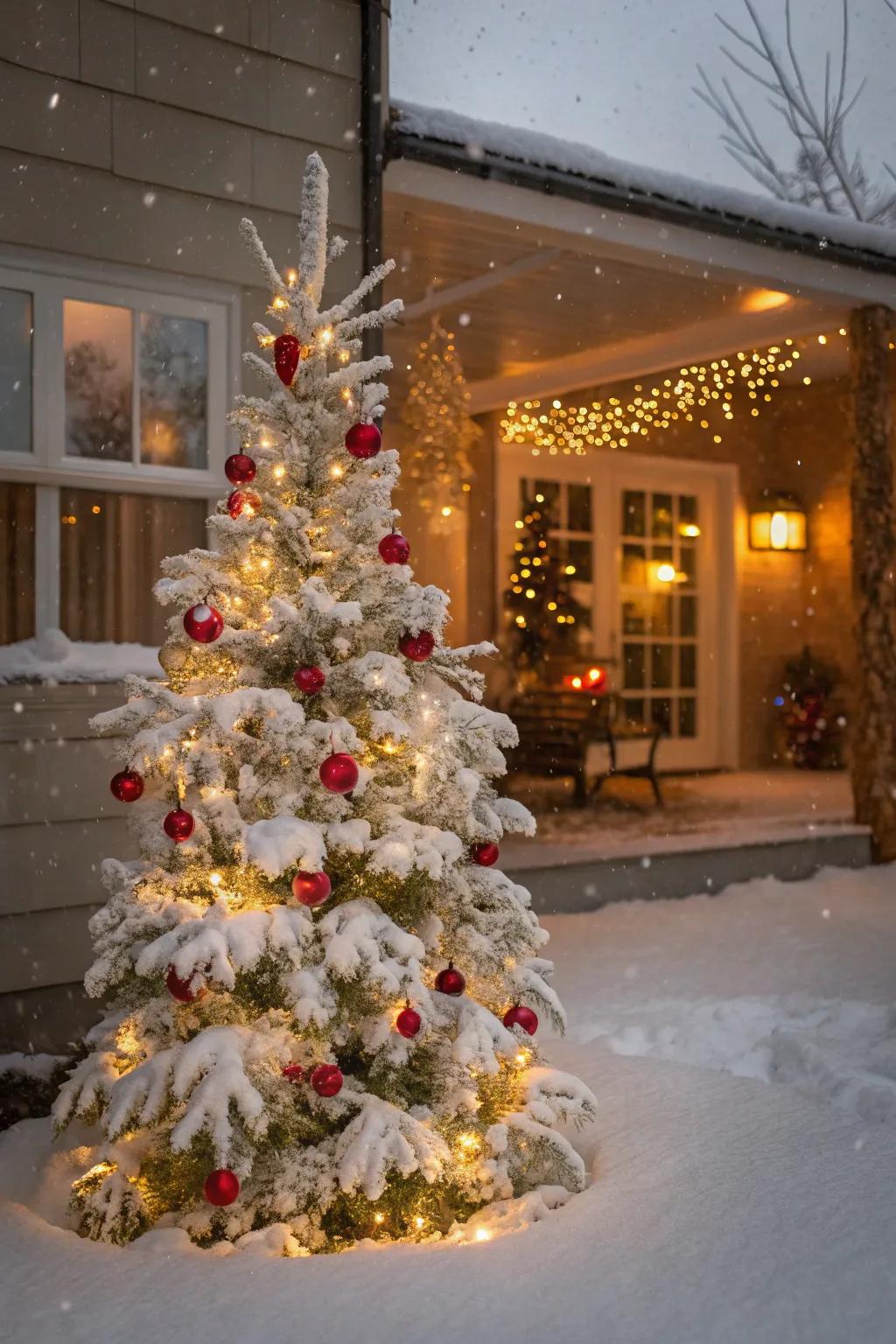 Pristine flocking fashions a magical snowy effect on the tree.