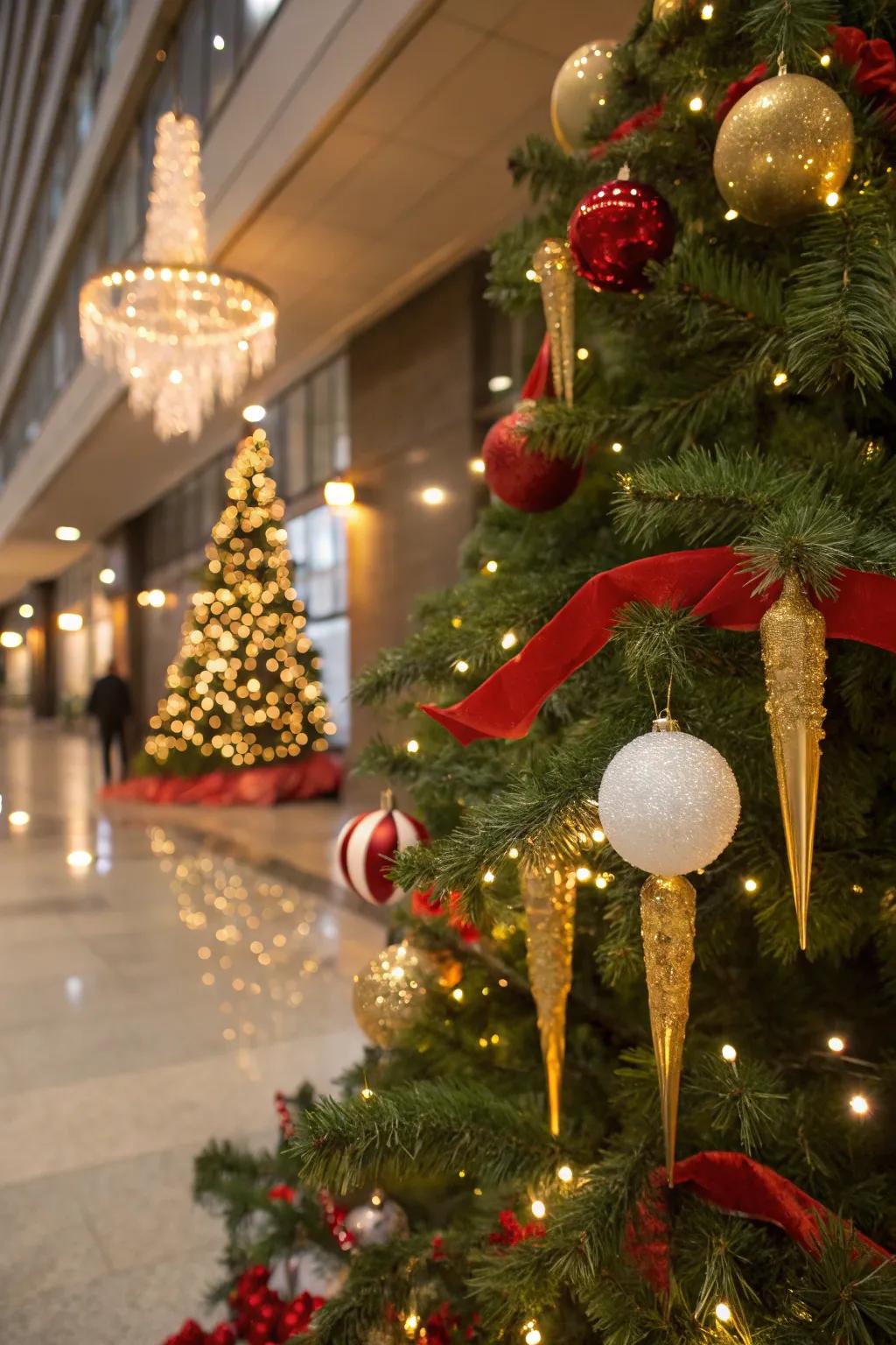 Gilded icicles introduce a shimmering effect to the festive tree.