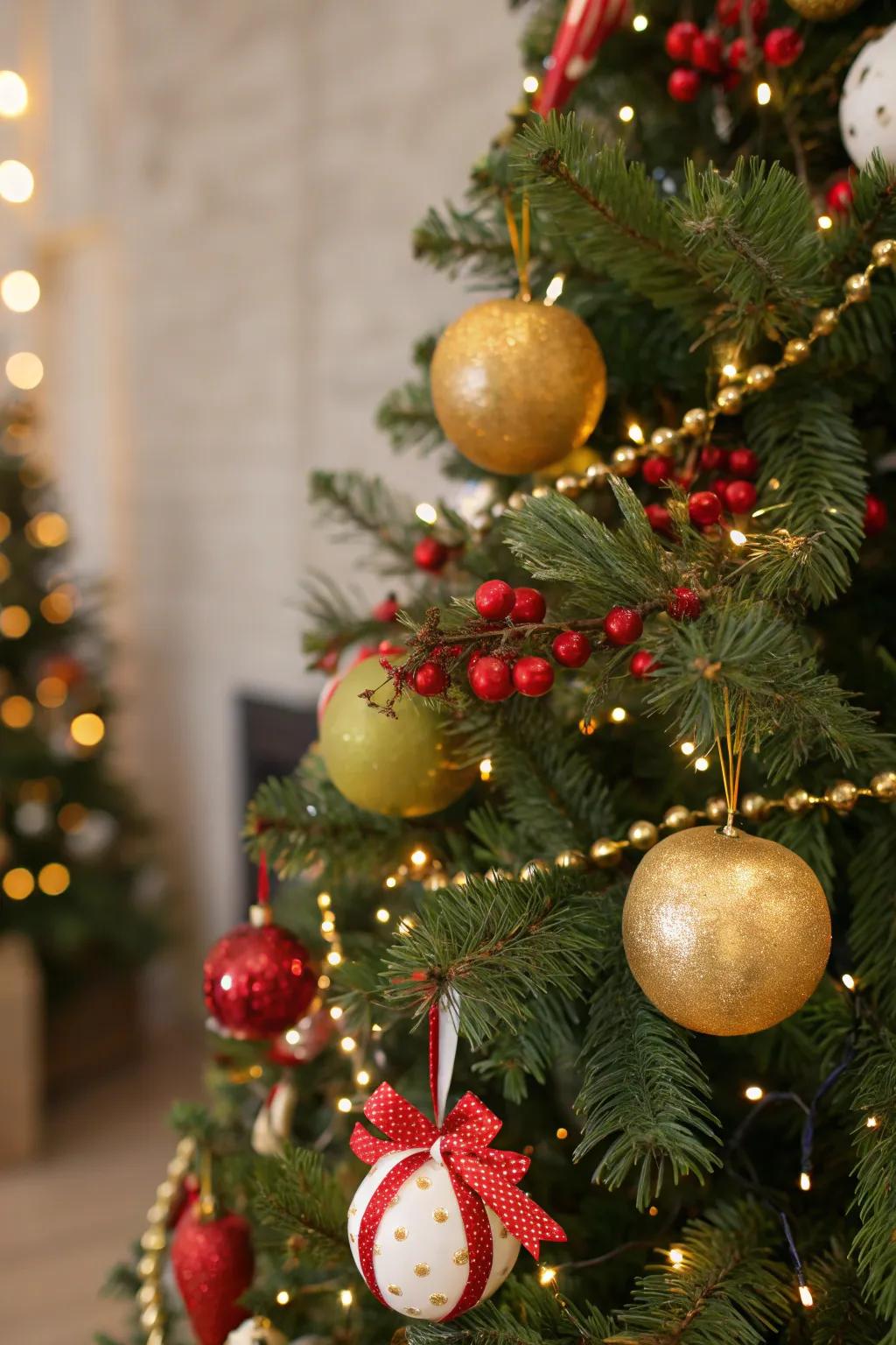 Gilded-painted fruit ornaments introduce a unique twist to the tree.