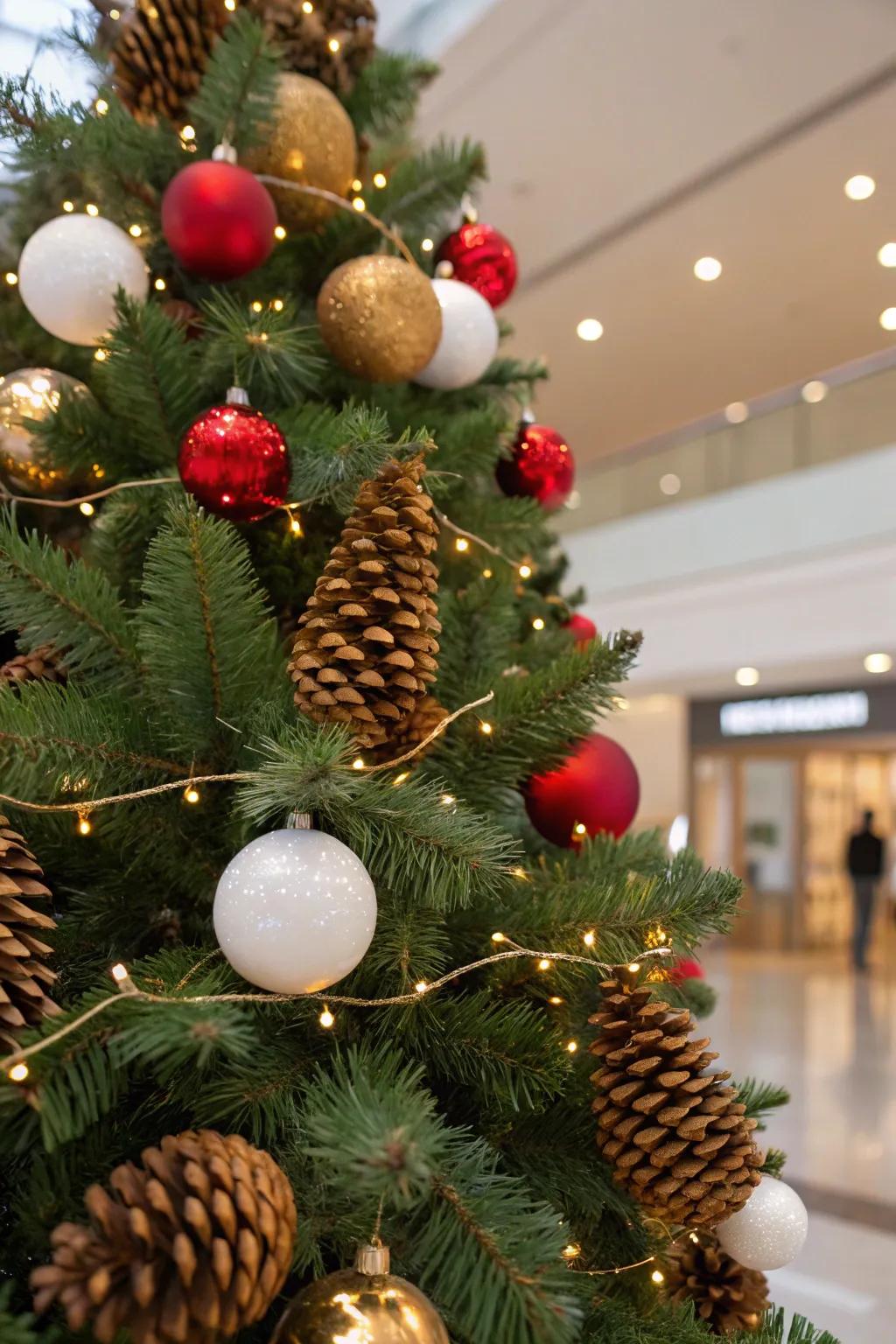 Gilded-dipped pinecones introduce an organic beauty to the tree.