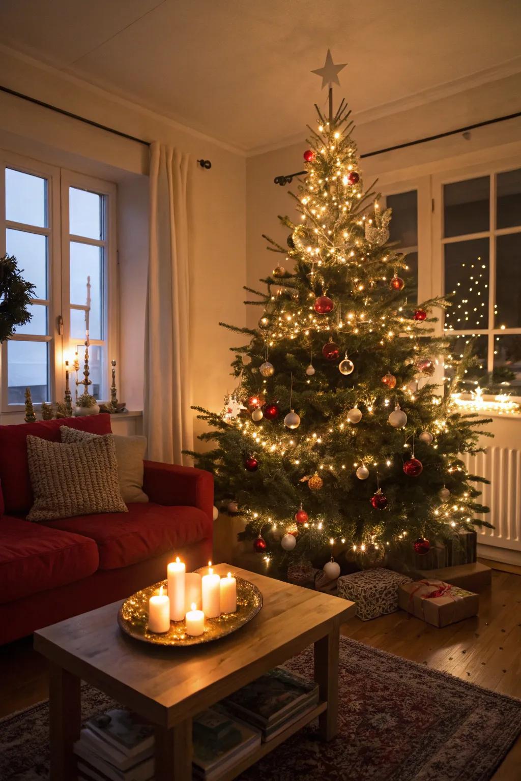 Layered lighting enhances the snug atmosphere of the tree.