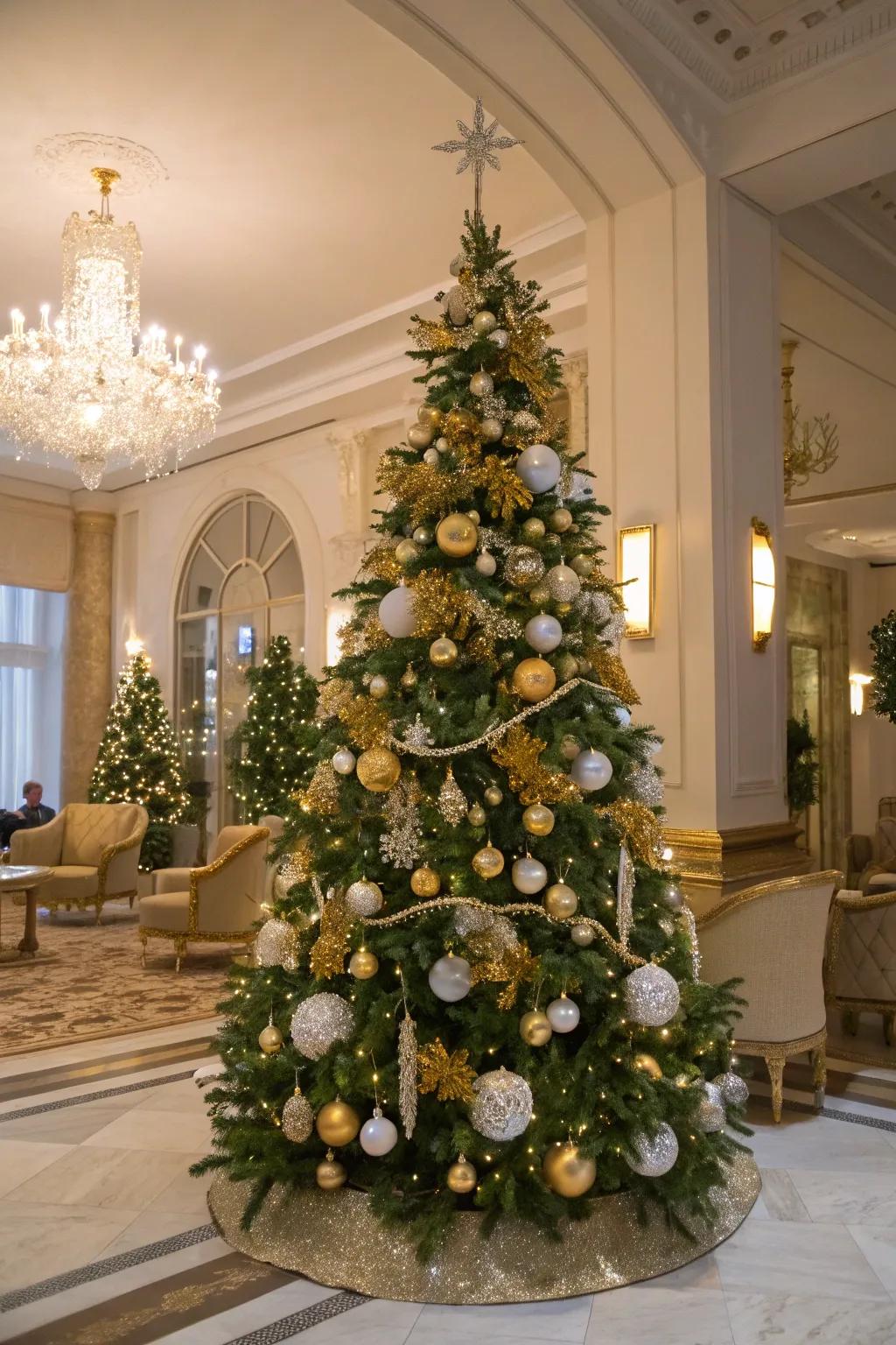 A gilded and pristine garland adds glamour to the festive tree.