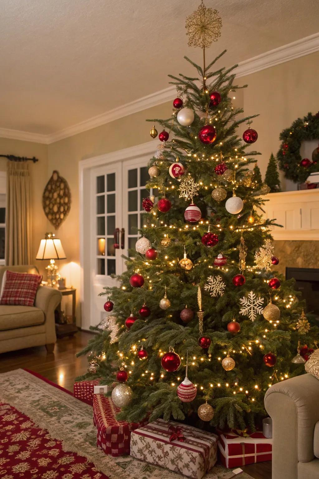 Vintage decorations bring nostalgic charm to the festive tree.