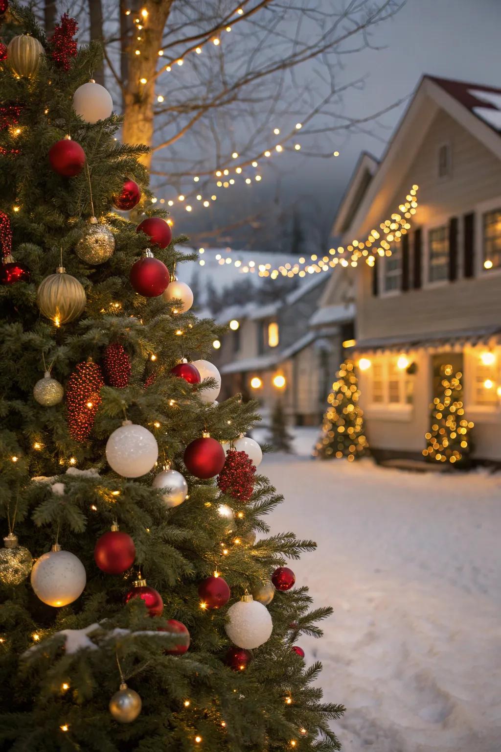 Clustered ornaments add texture and depth to the tree.