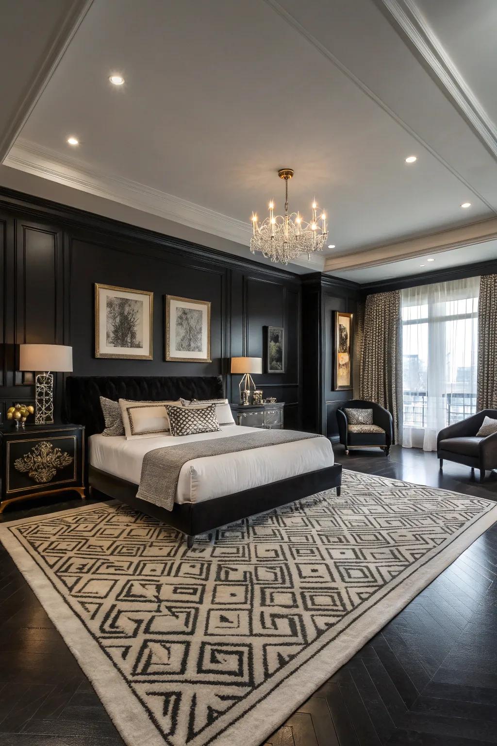 A statement rug ties the room's elements together.