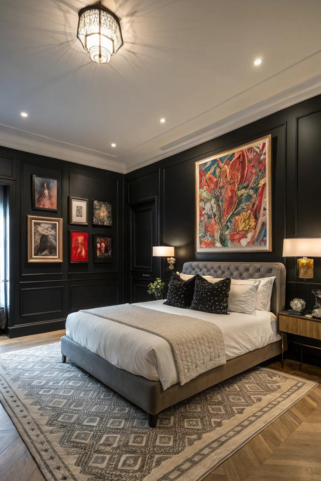 Artwork lends personality and color to your black master bedroom.