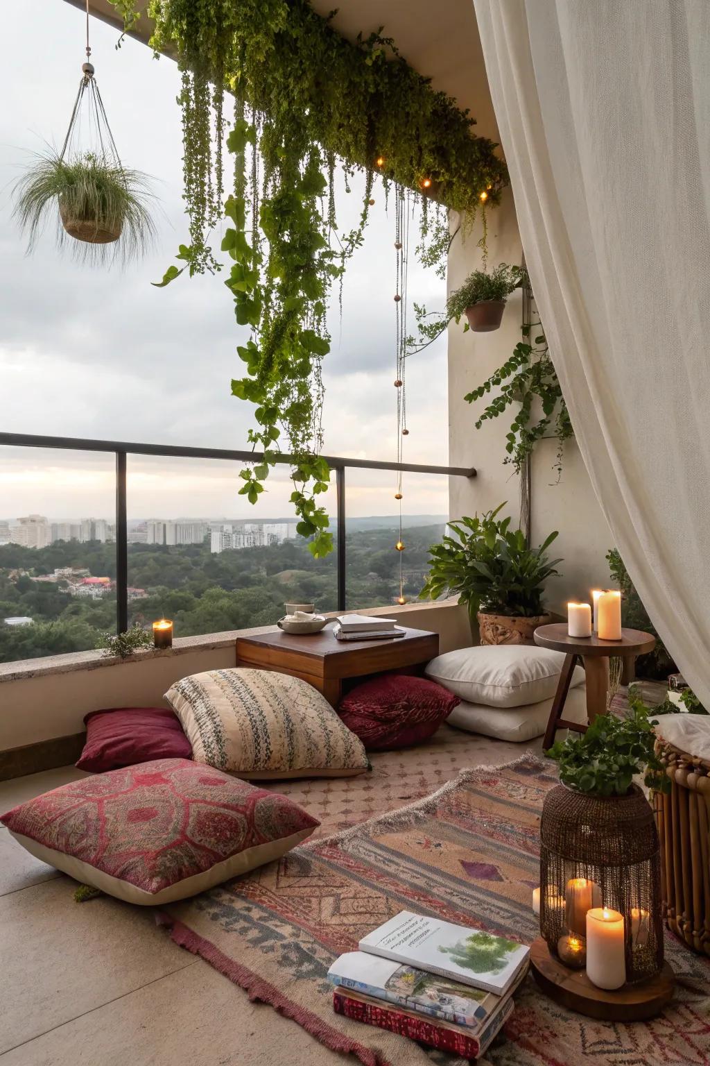 Design a tranquil outdoor nook on your balcony with bohemian touches and leafy plants.