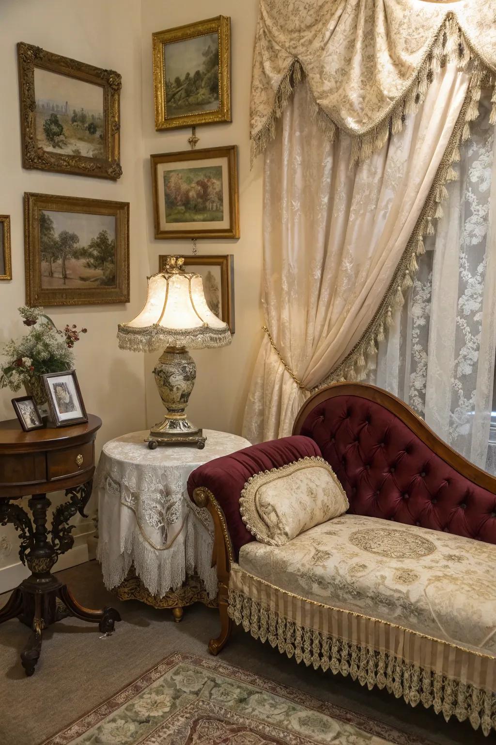 Step back in time using a vintage glamour nook that exudes elegance and charm.