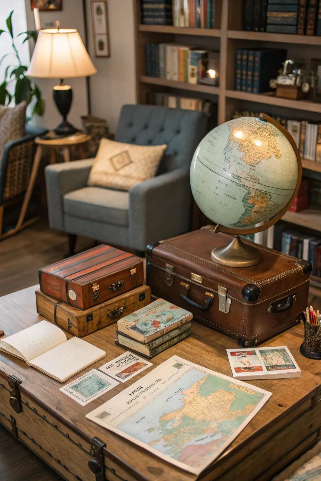 Dream of adventures past and future in a travel-themed nook filled with vintage charm.