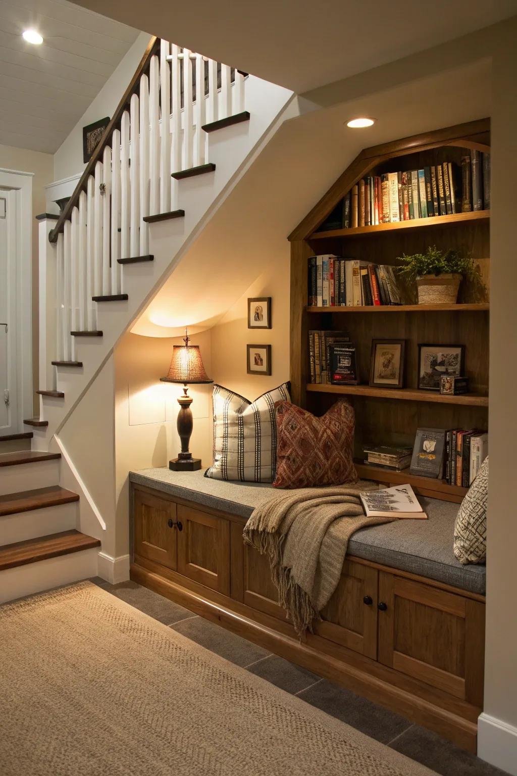 A nook nestled under the stairs provides a secluded escape, complete with comfortable seating and generous storage for your books.