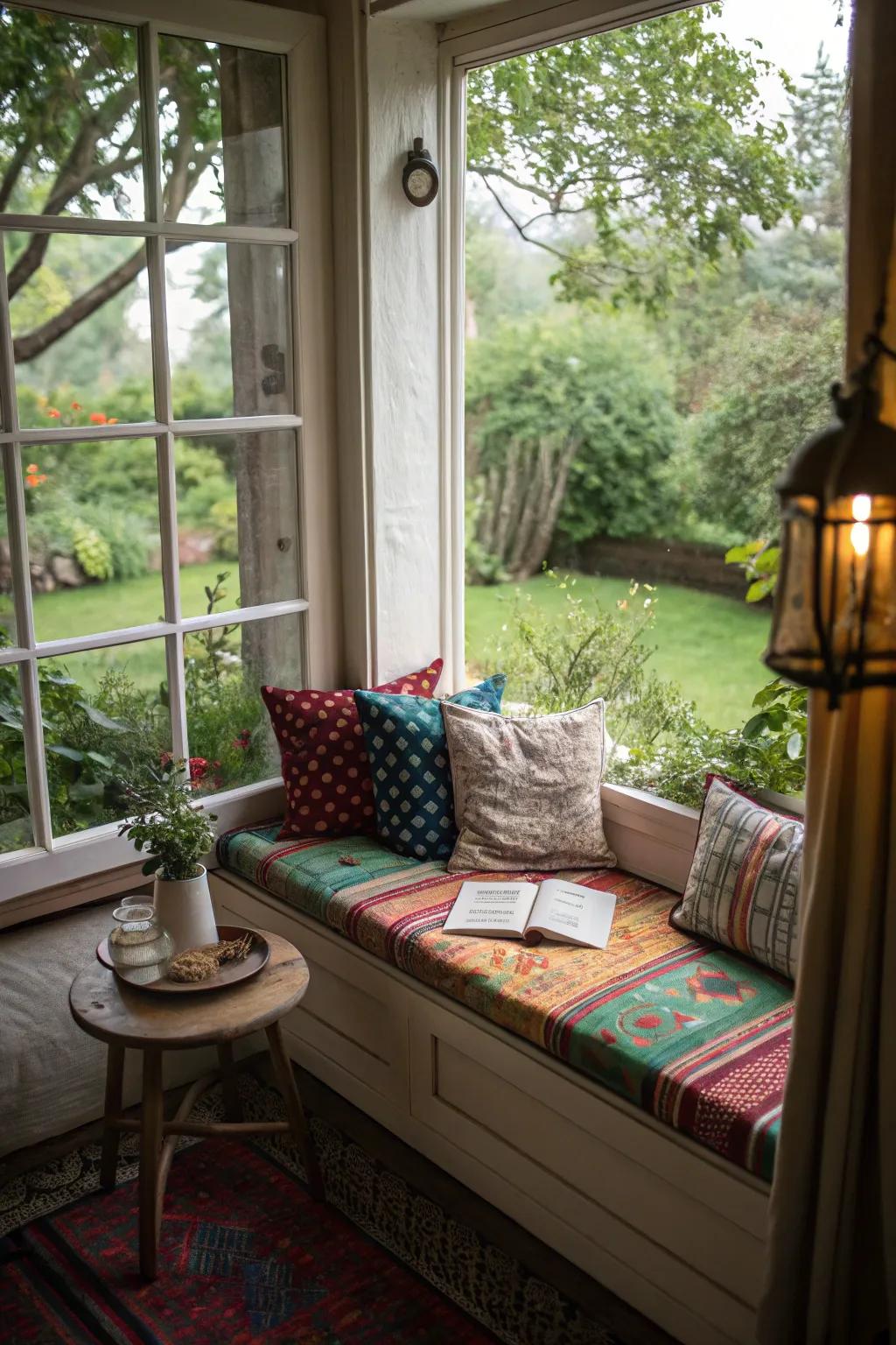 Turn a window seat into an eye-catching nook using bright cushions and picturesque garden scenery.