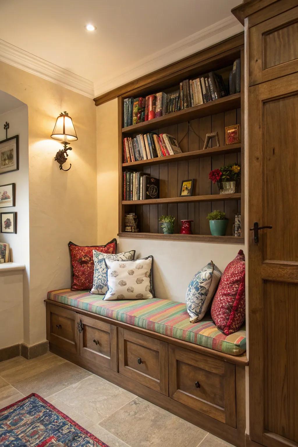 Turn an alcove into a snug escape with a bench and vibrant splashes of color.