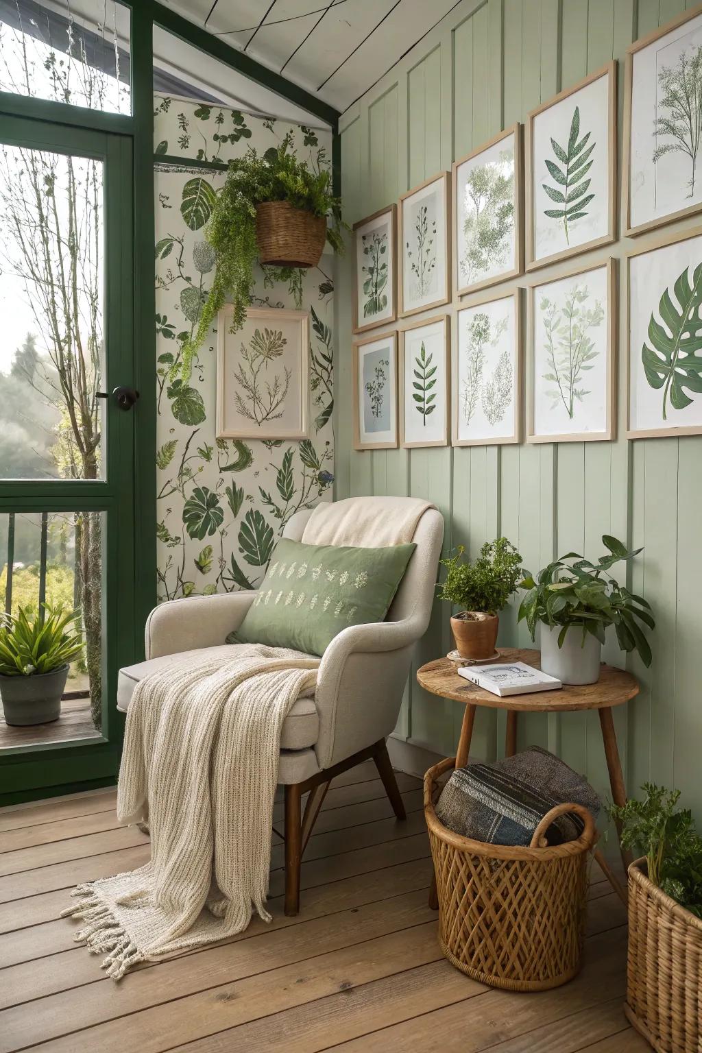 Design a peaceful indoor garden escape using nature-themed decoration.