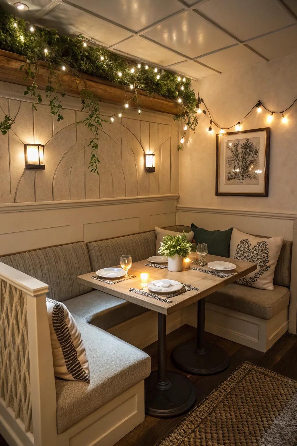 Enjoy meals in a comfy dining nook that features built-in seating and a welcoming vibe.