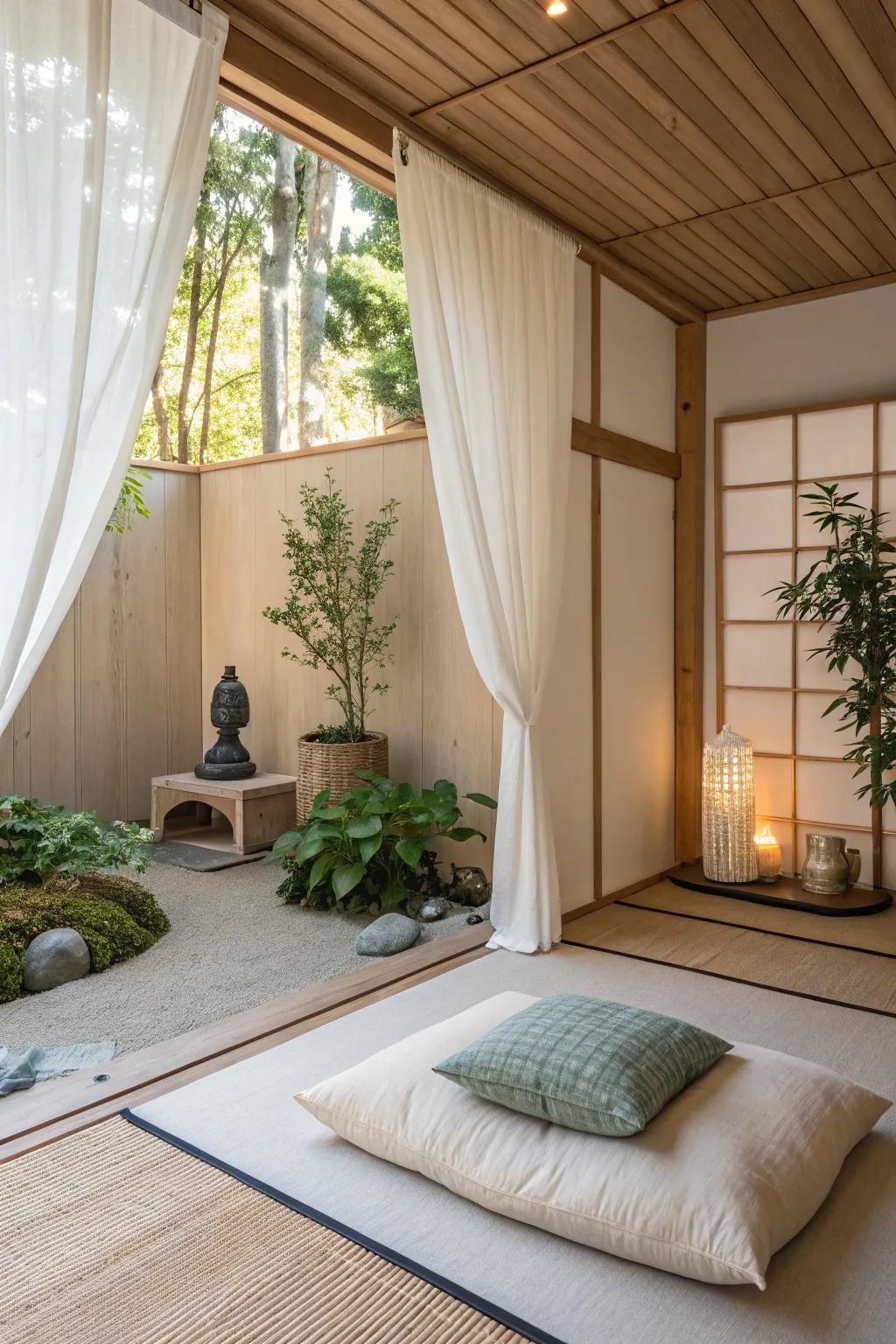Find peace in a Zen meditation nook designed for relaxation.