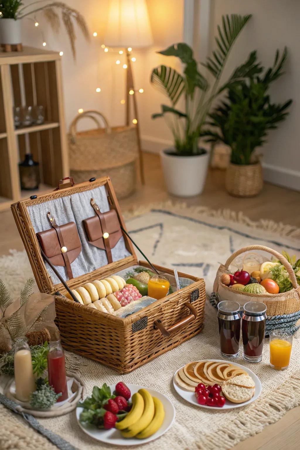 A picnic basket provides a playful detail to the indoor picnic.