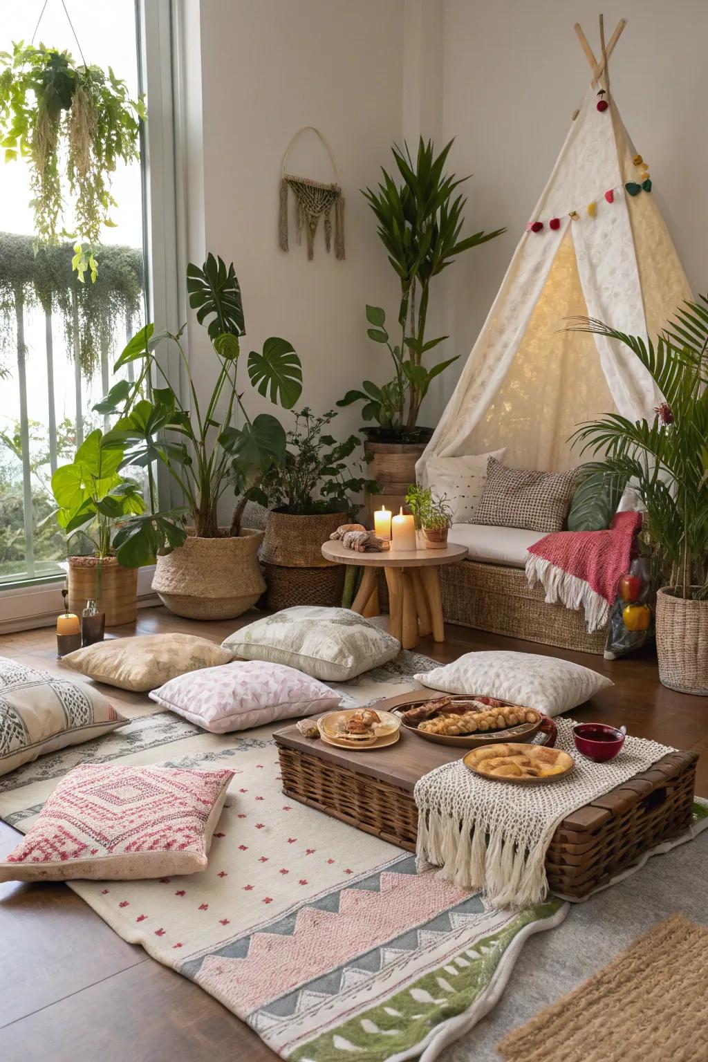 Soft throws and cushions craft a delightful picnic atmosphere inside.