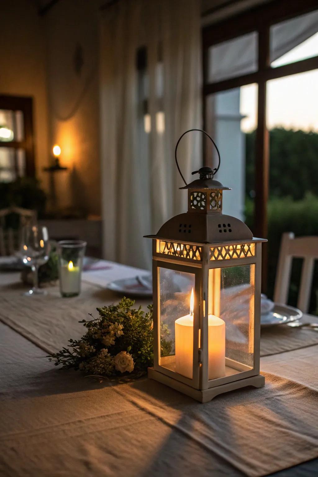 A lantern centerpiece that imparts warmth and charm to your table.