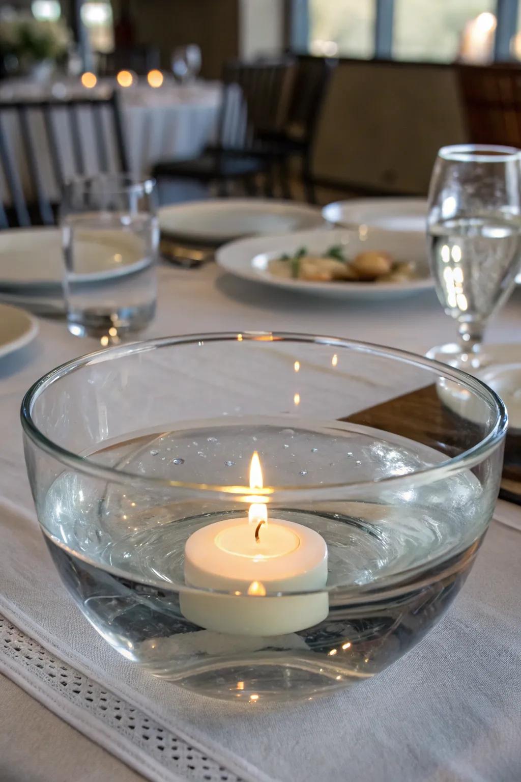 A floating wax light centerpiece establishes a sophisticated, serene ambiance.
