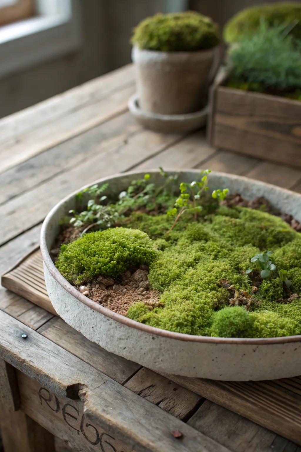 A natural green garden centerpiece conveys the woodland essence indoors.