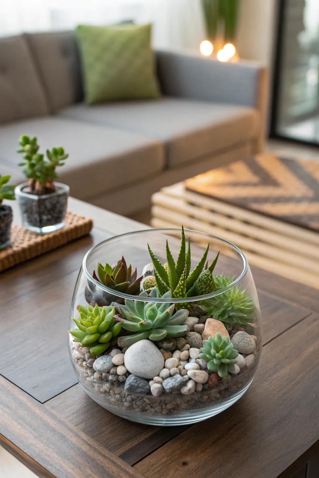 A modern plant display centerpiece unifying art and nature.
