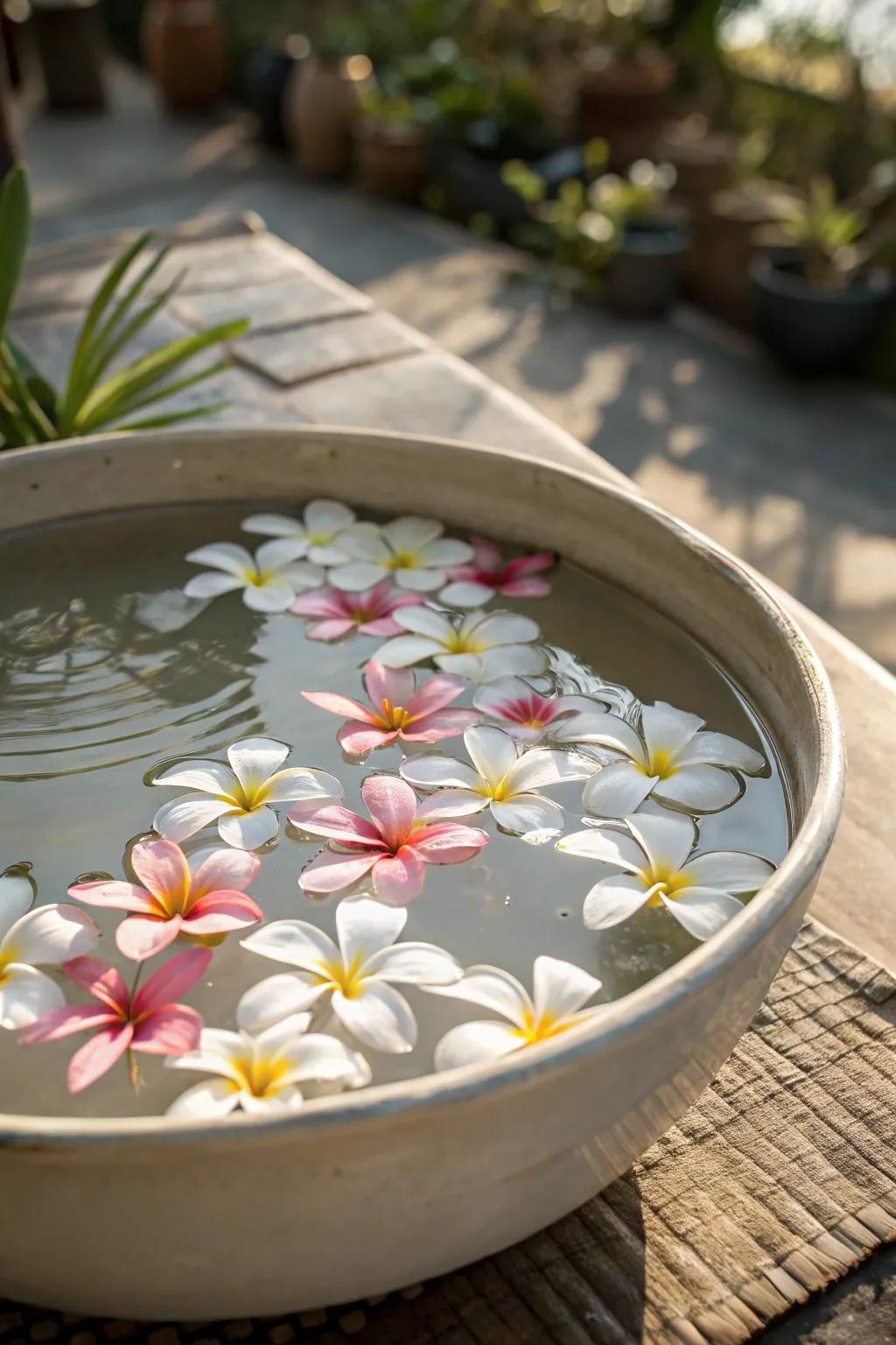 Floating flowers establish a tranquil, elegant table centerpiece.