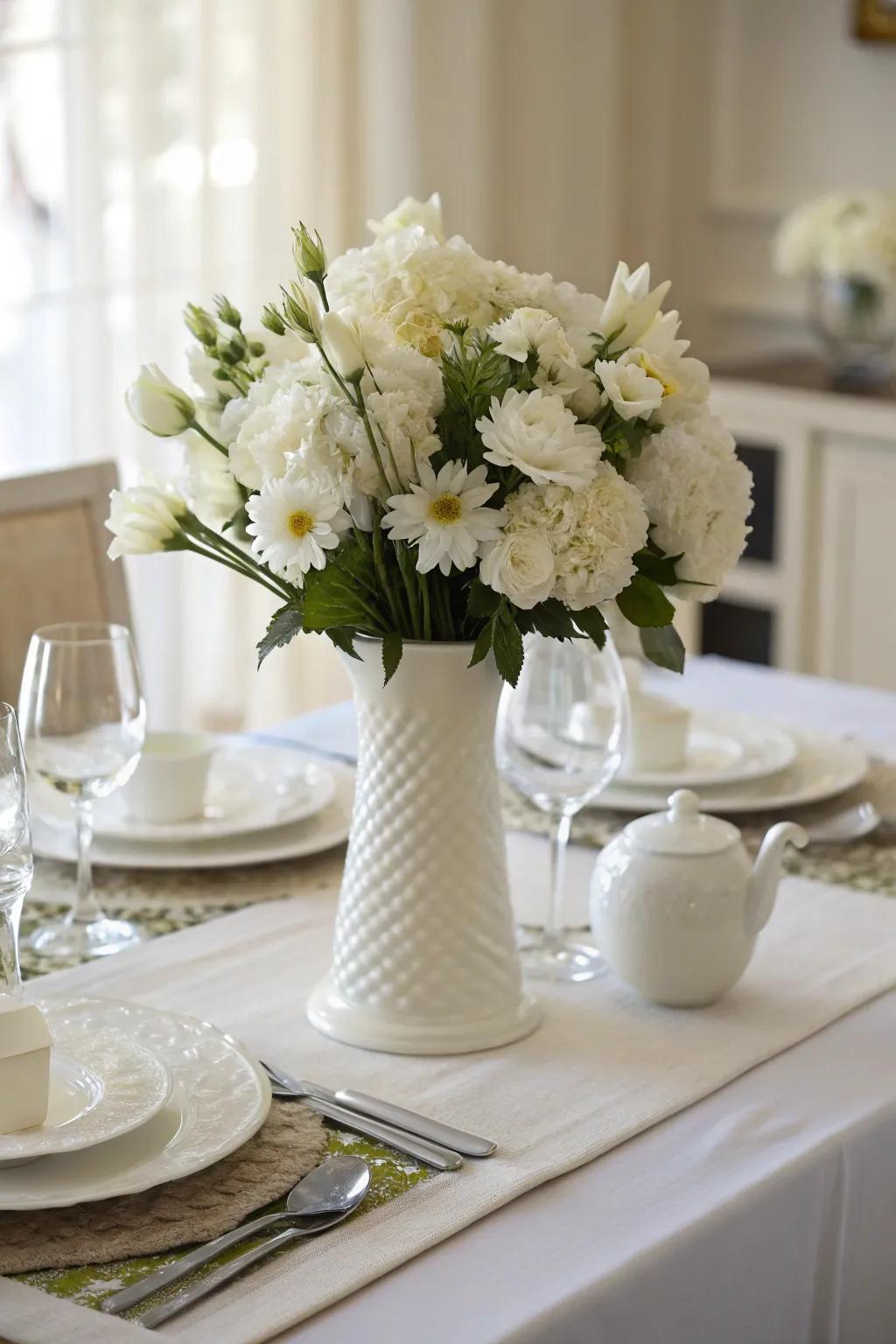 Monochrome sophistication with a timeless white floral centerpiece.