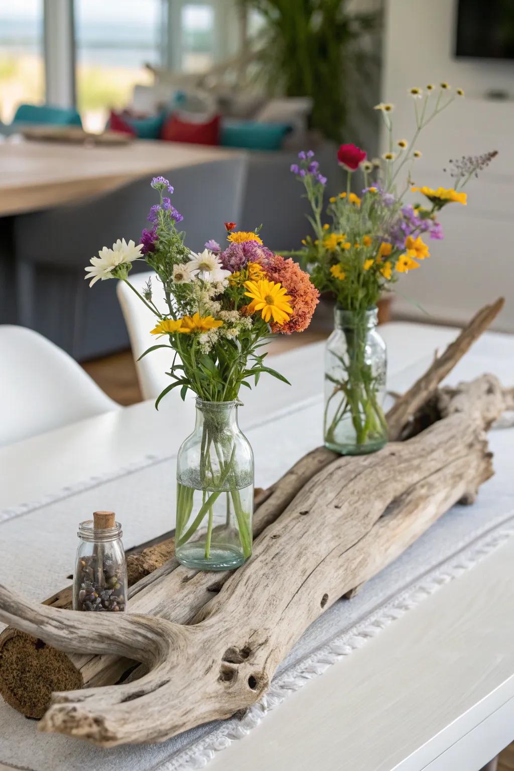 Washed-up wood and wildflowers compose a natural, artistic centerpiece.