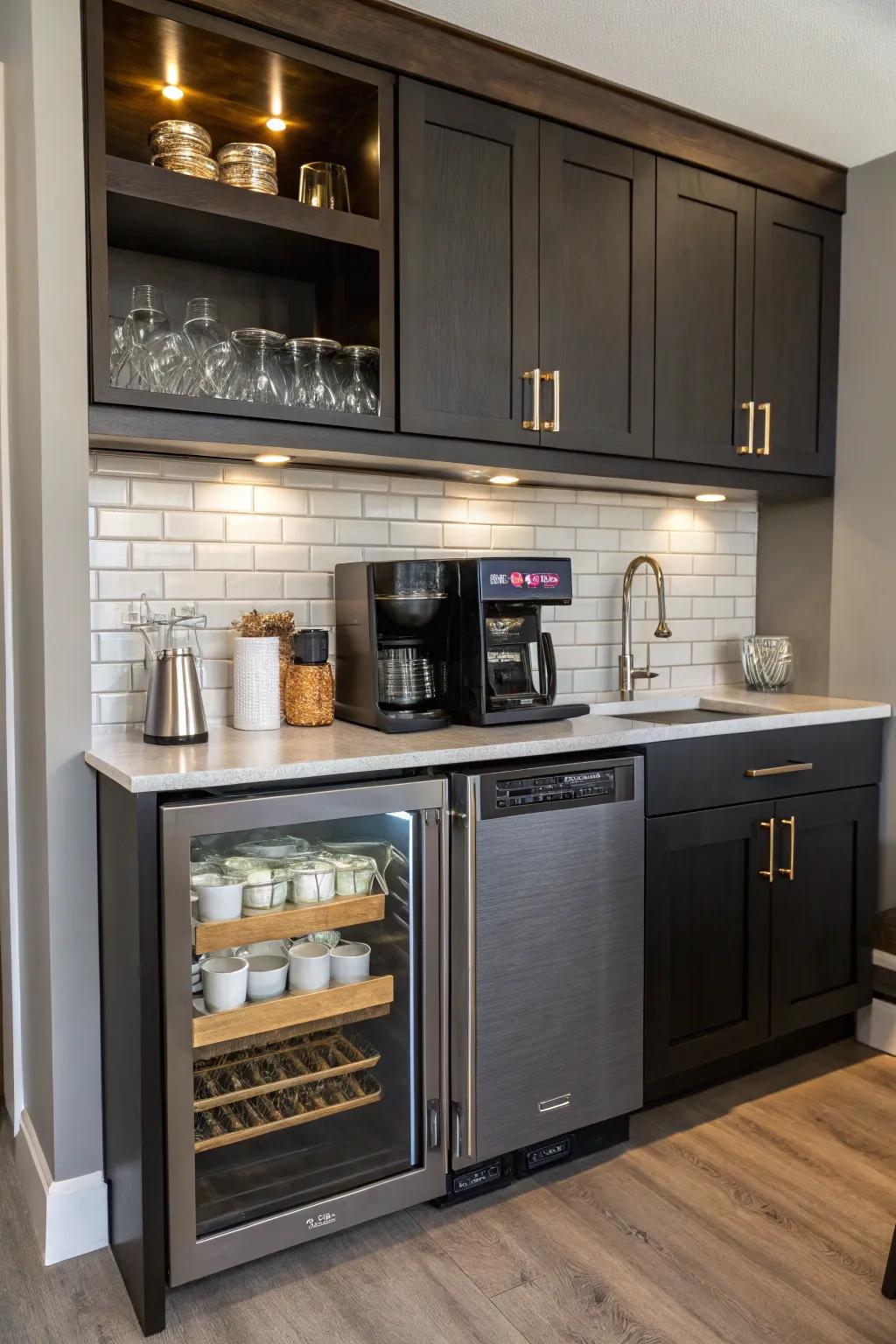 A seamless integrated brew station with a small cooler.
