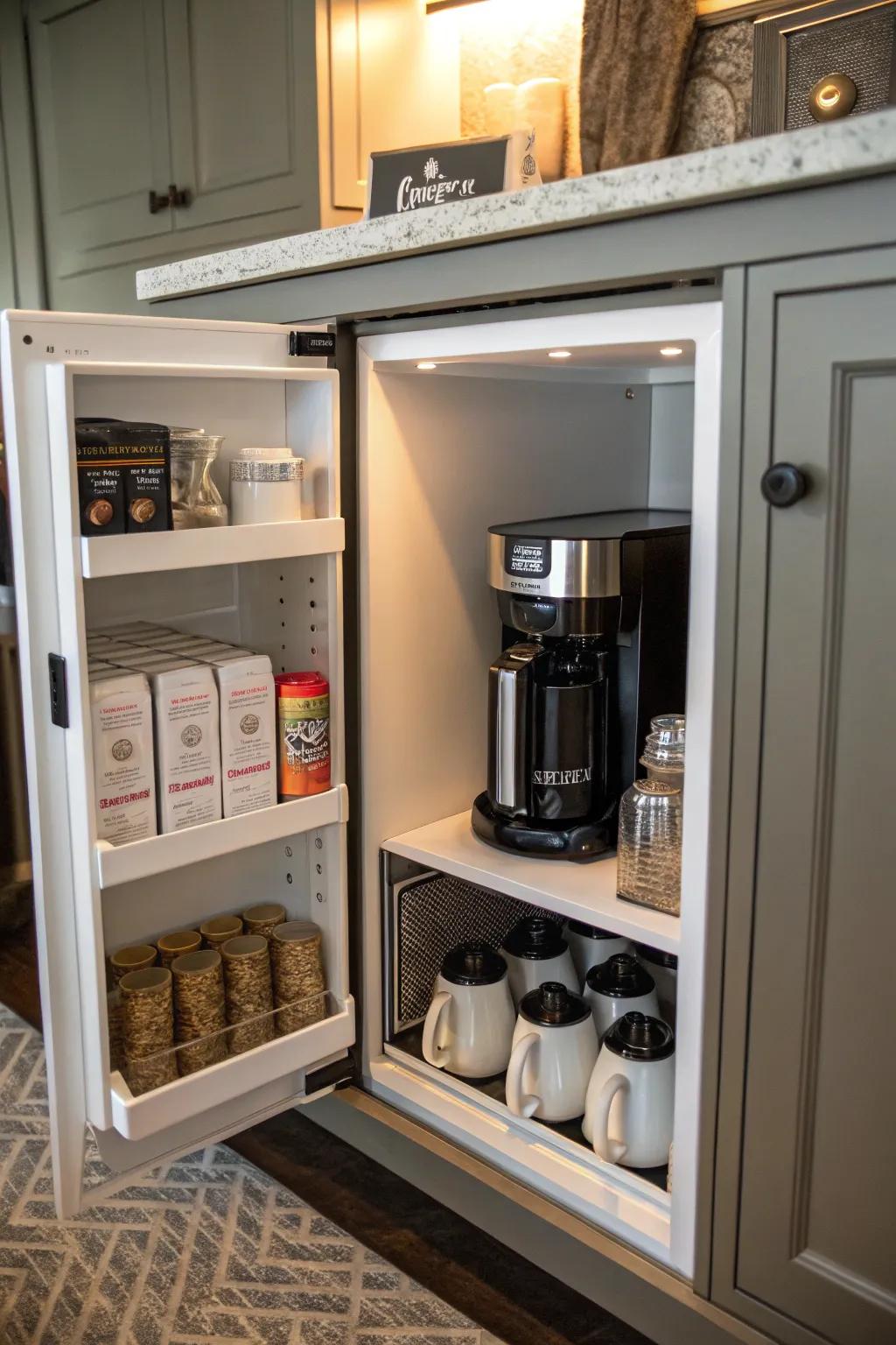 A hidden treasure of a brew station for a tidy kitchen.
