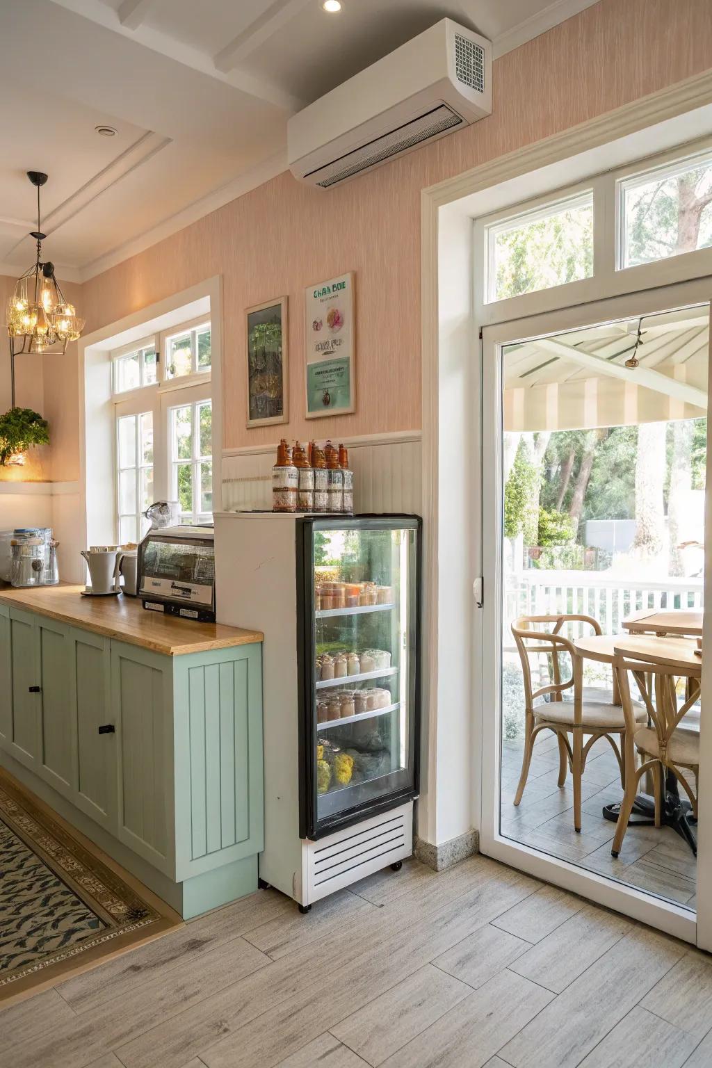 An inviting and airy brew station with a small cooler.