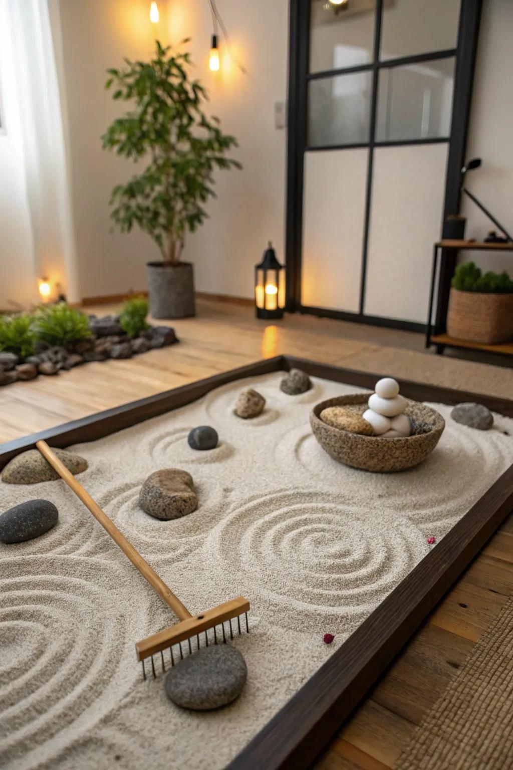 A DIY Zen garden adds a tactile and meditative component to your space.