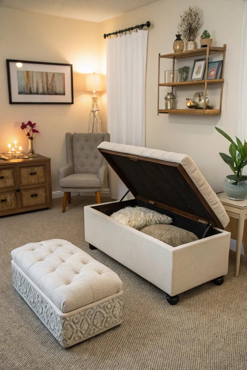 Furniture with multiple uses optimizes space and utility in your meditation space.