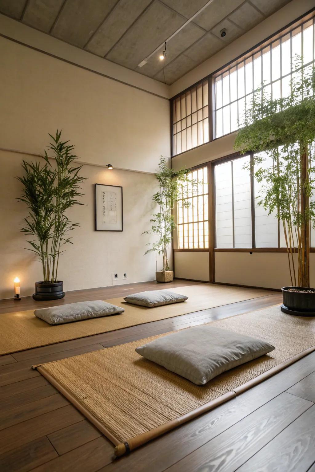 Minimalist decor supports a clutter-free meditation space.