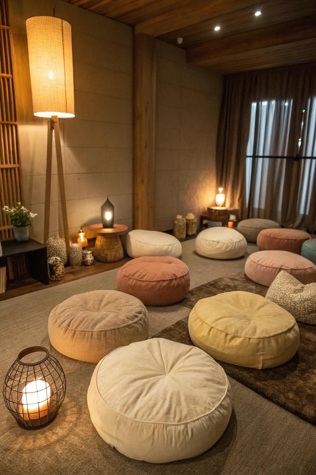 Floor cushions enhance the comfort and aesthetic of your meditation space.