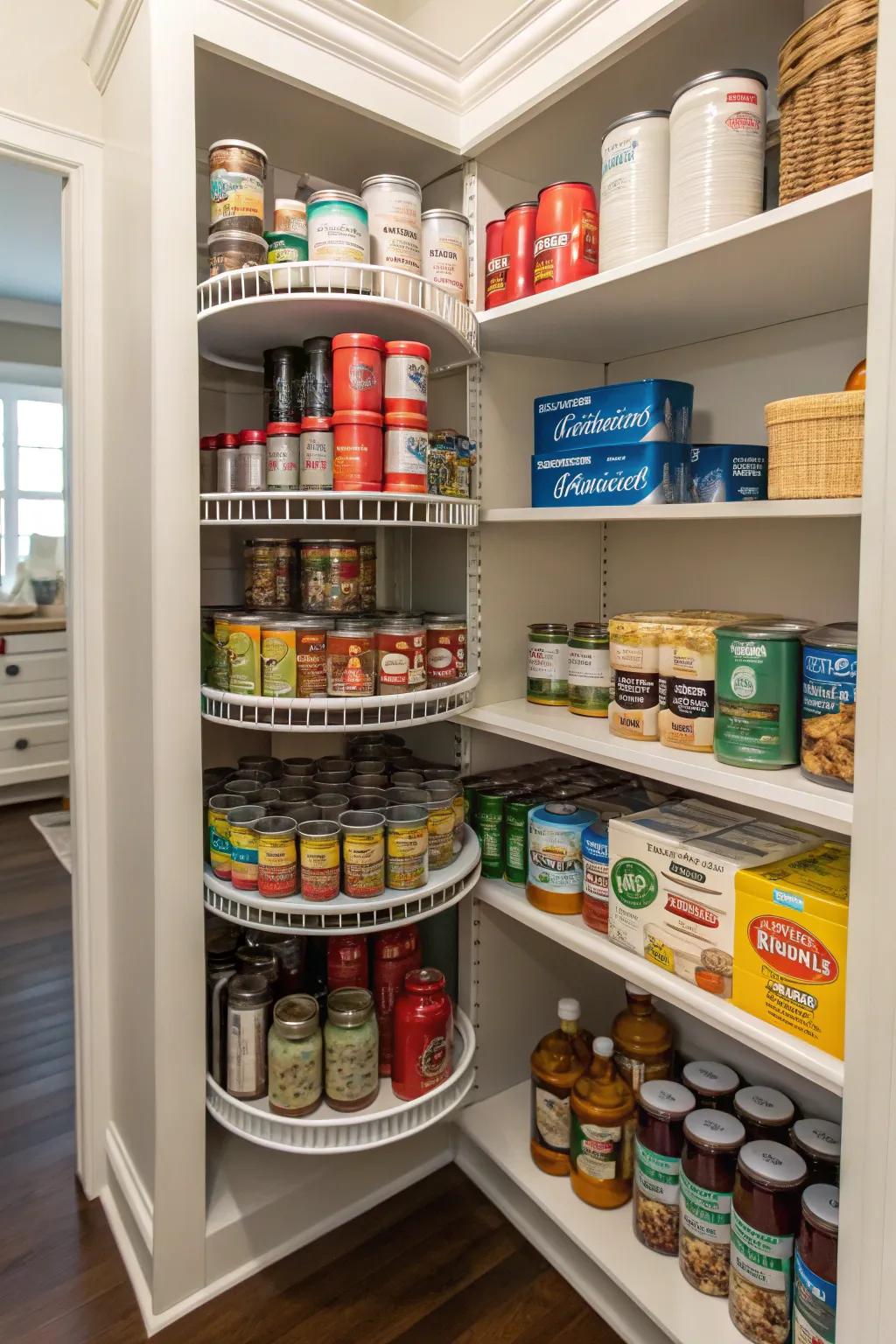 Fully stocked pantry looking its best with an organized set of cans.