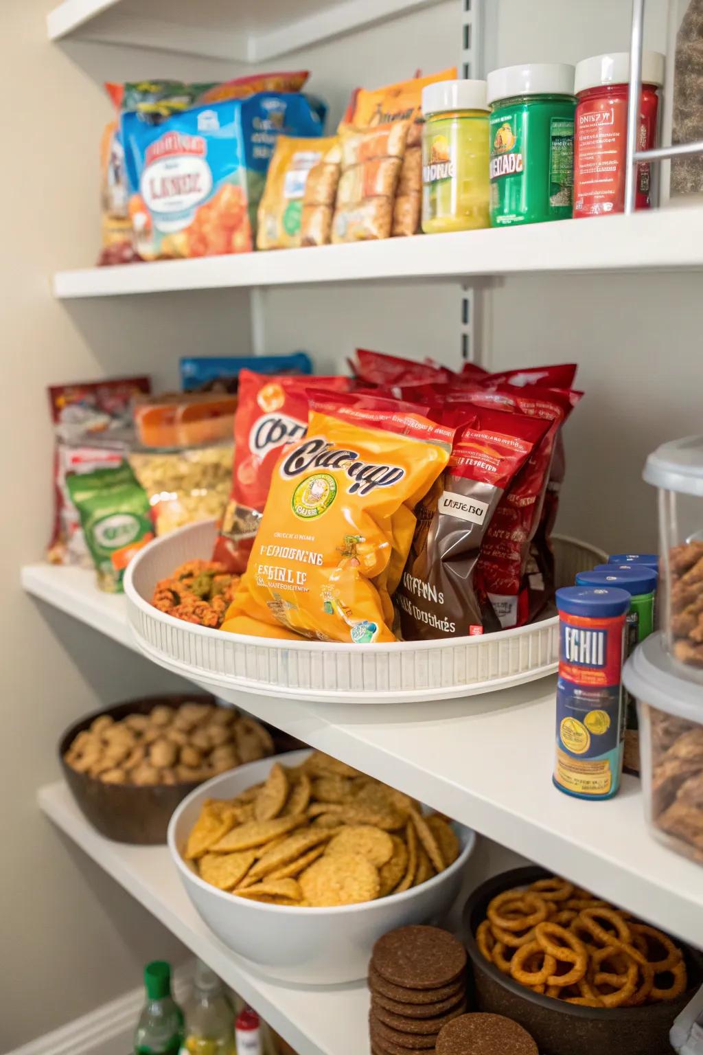 Rotating snack carousel in the pantry.