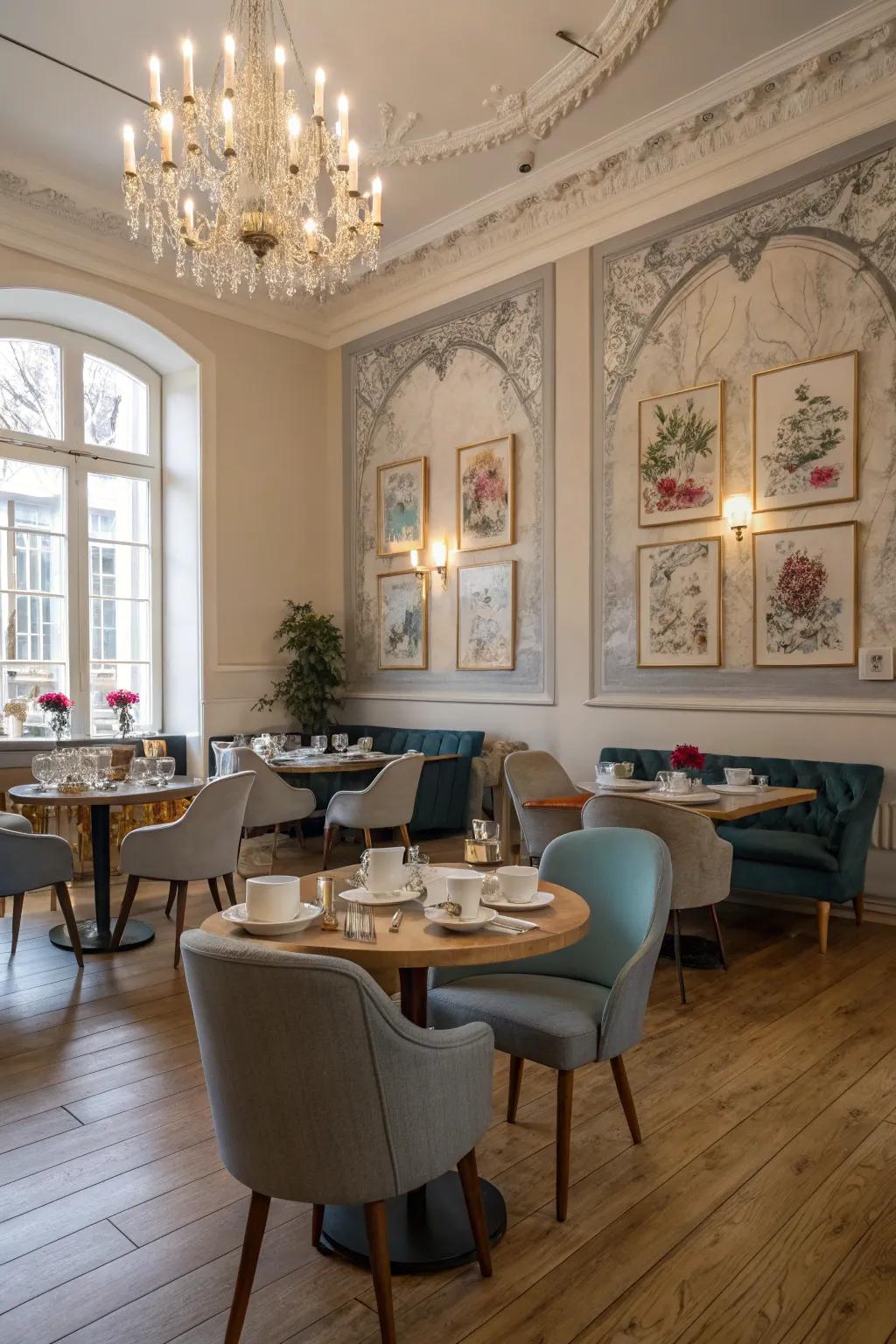 Varied art adds character to your tea room.