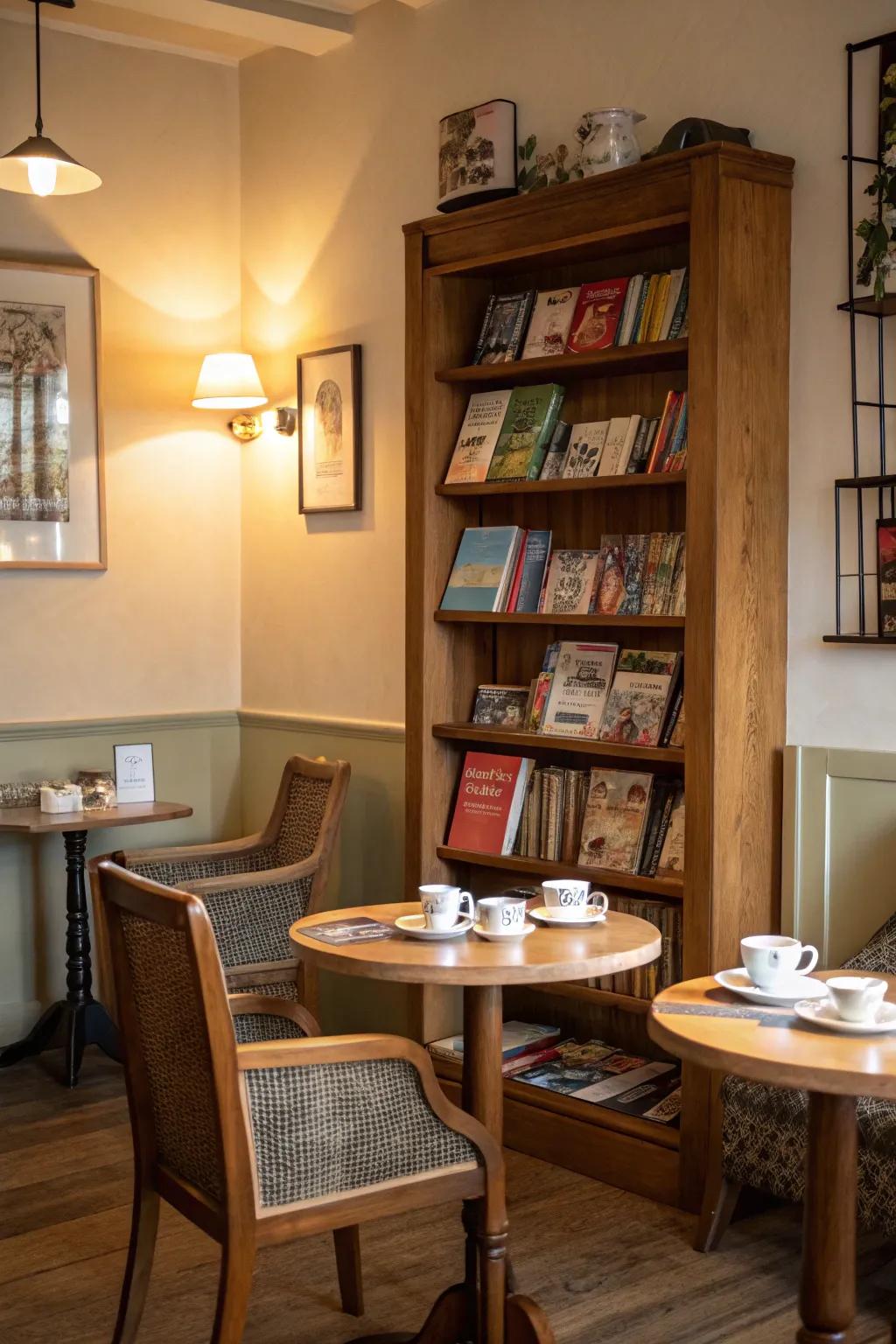 A book corner enriches the thinking mood of your tea room.