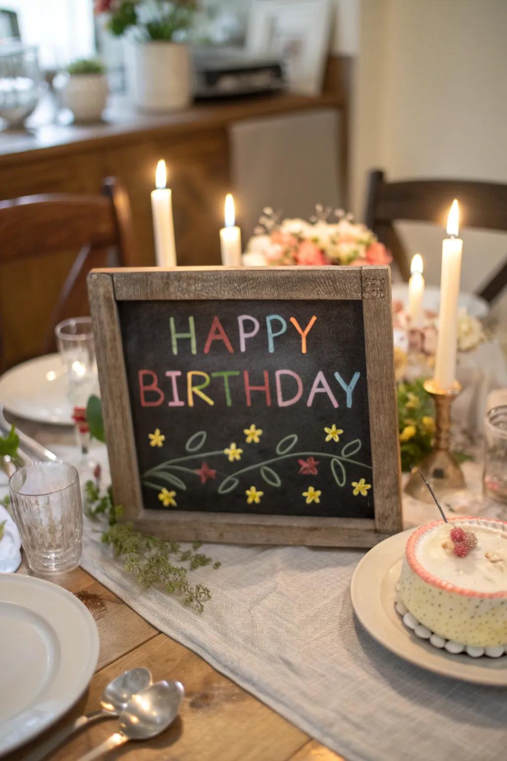 An elegant chalkboard centerpiece adds a personal touch to the celebration.