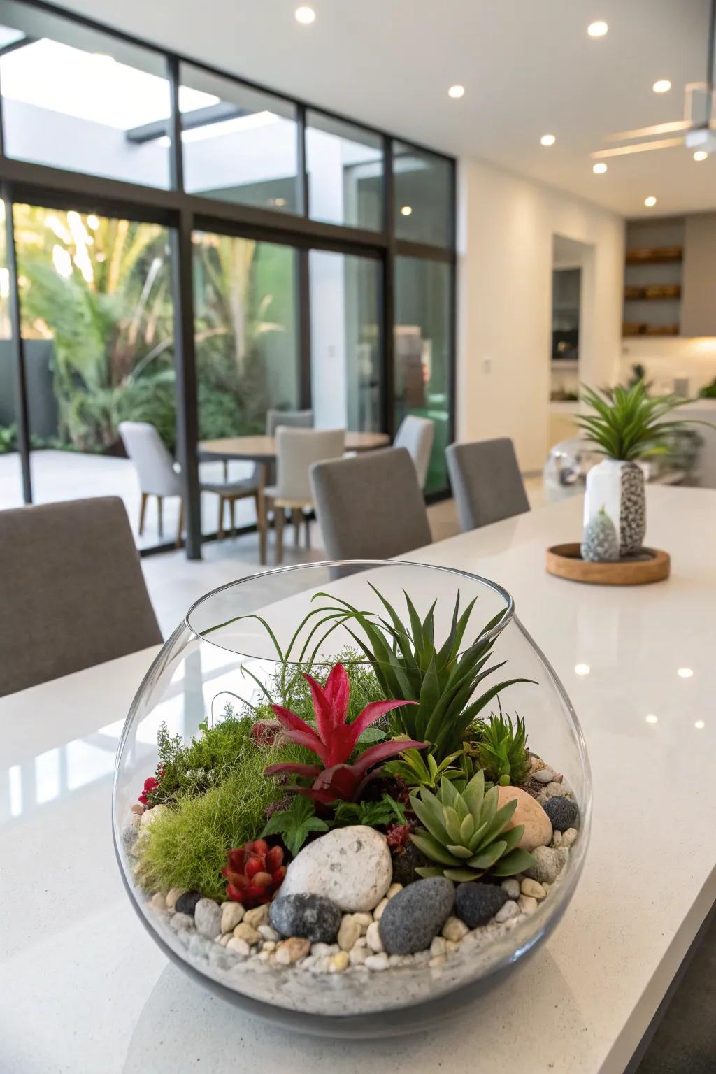 Enclosed garden centerpieces offer a miniature world of beauty.