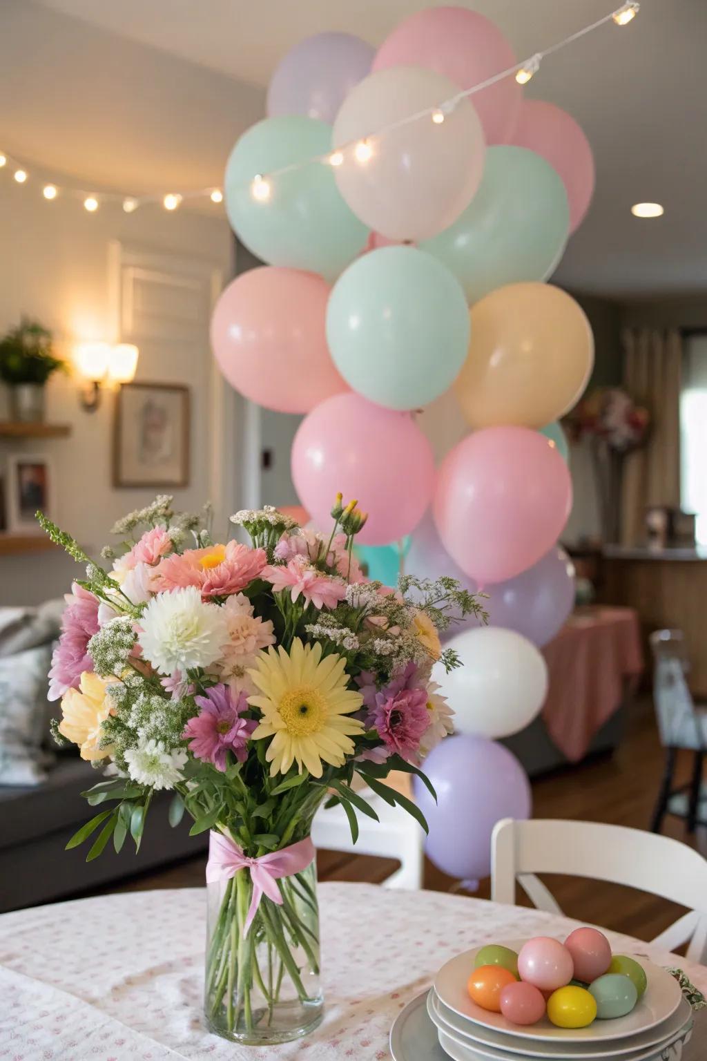 A playful mix of balloons and flowers for a birthday centerpiece.