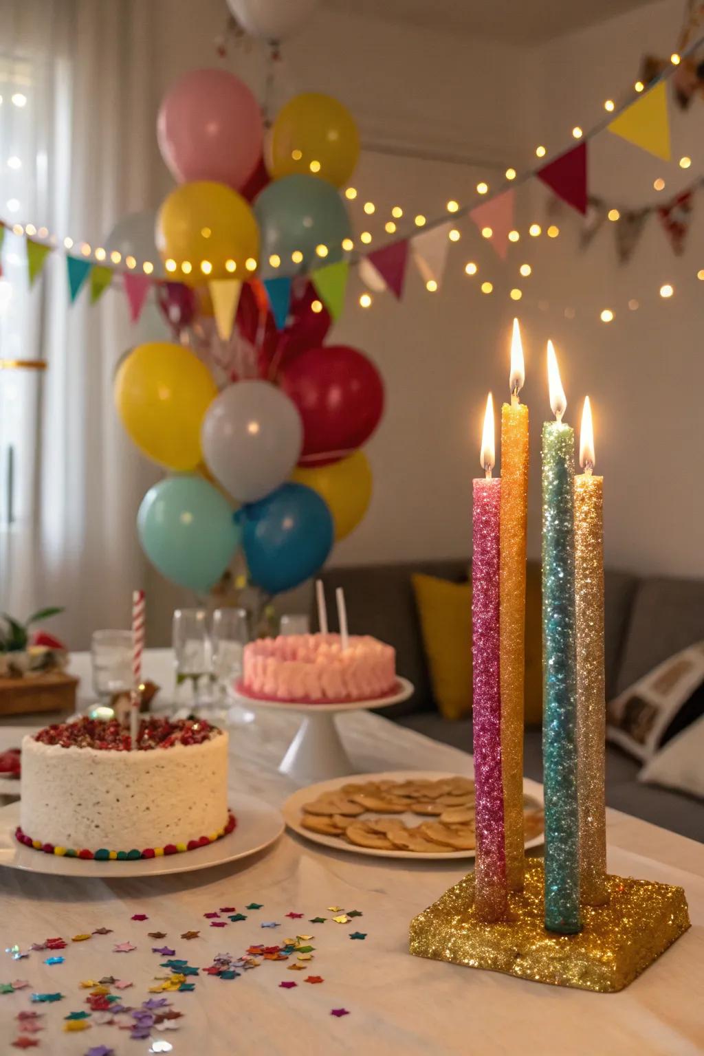 Shimmering candles add a magical touch to any birthday table.