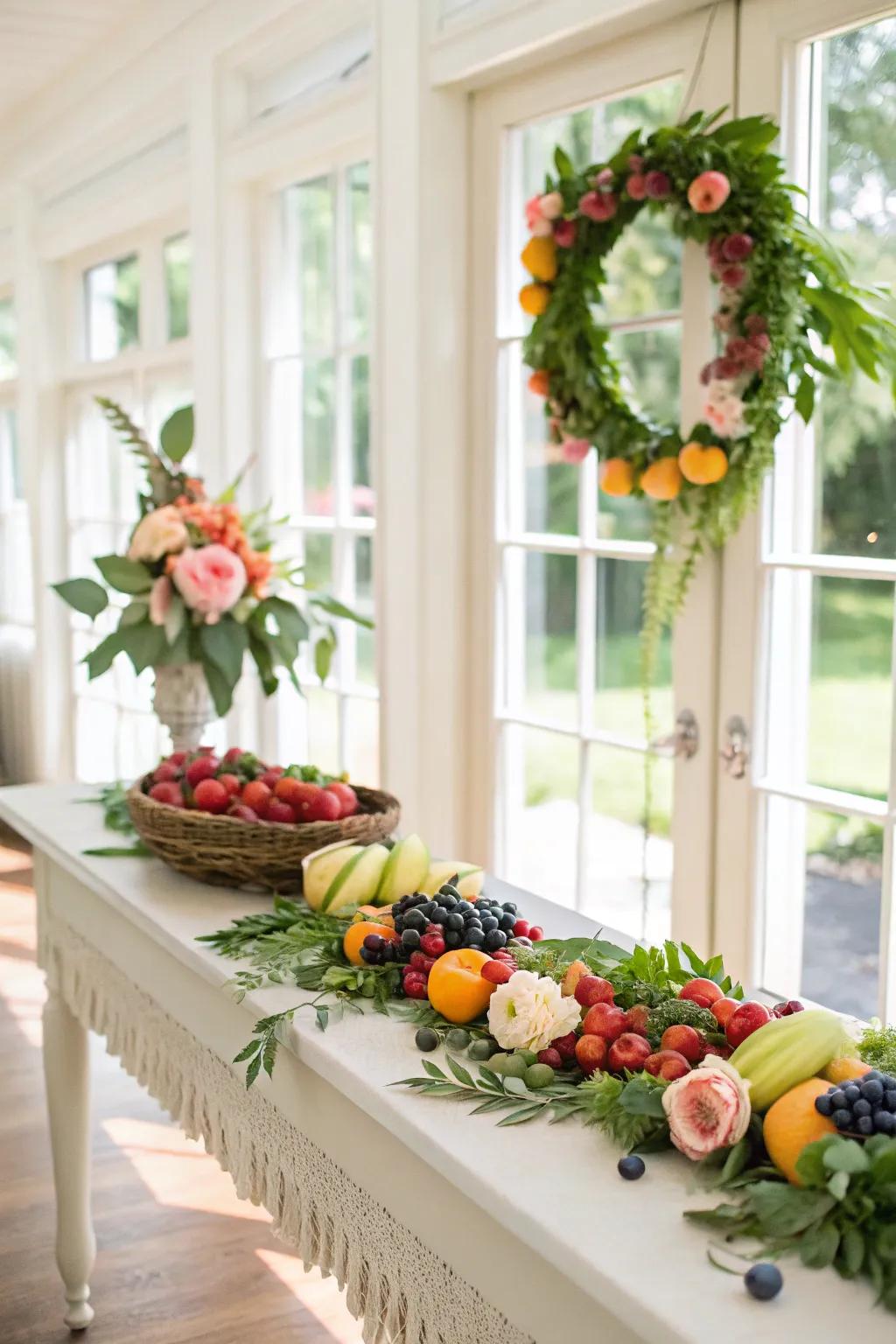 A refreshing and vibrant fruit and flower wreath for summer celebrations.