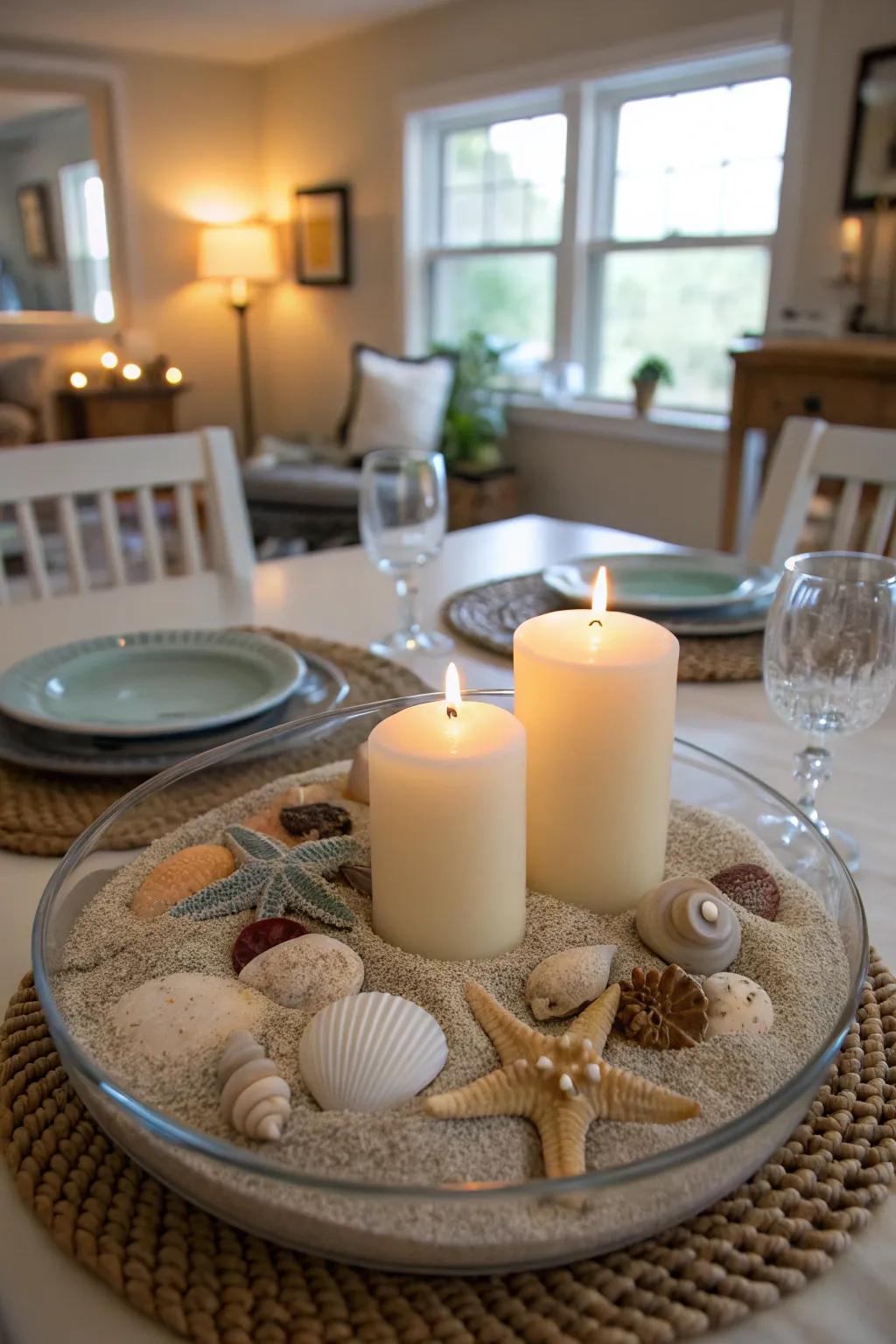A soothing coastal-inspired centerpiece for a beachy ambiance.