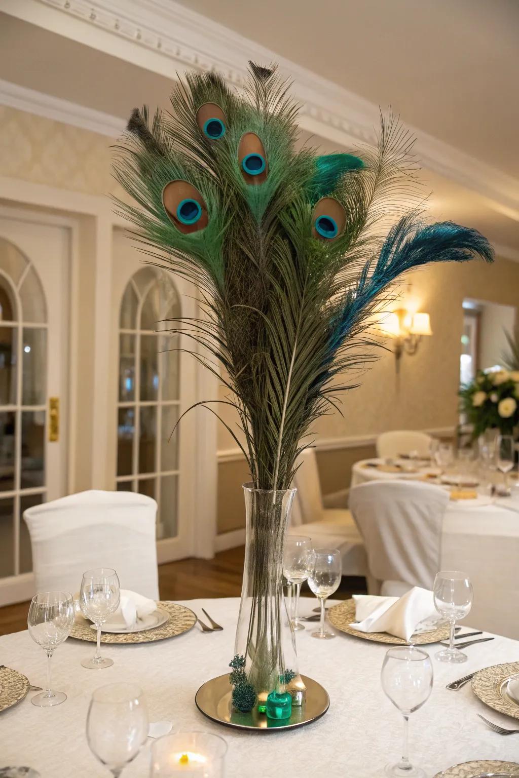 Peacock plumes bring vibrant grandeur to a birthday centerpiece.