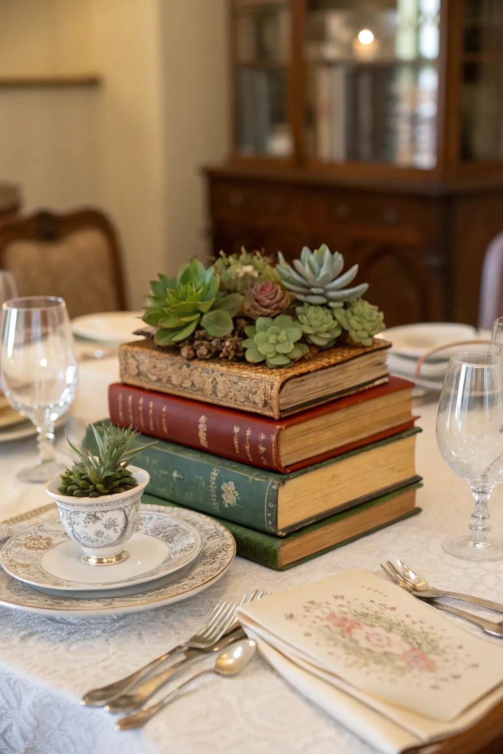 A classic book tower centerpiece ideal for book aficionados.