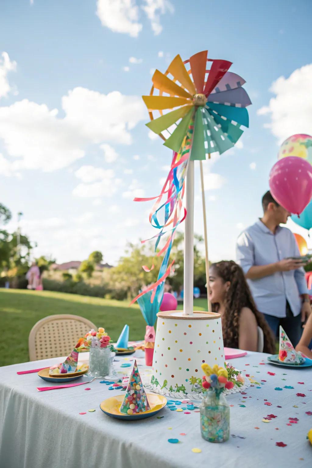 Fun windmills add a playful flair to any party setting.